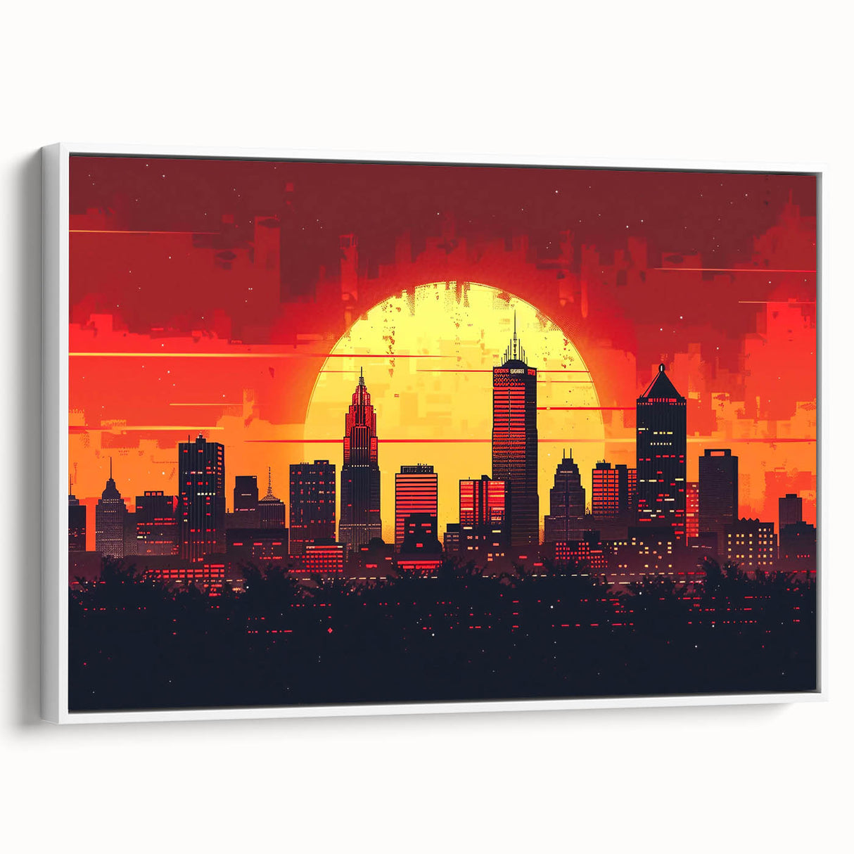 Vintage poster art of Indianapolis skyline in colorful hues on a large framed canvas, ideal for living room decor.