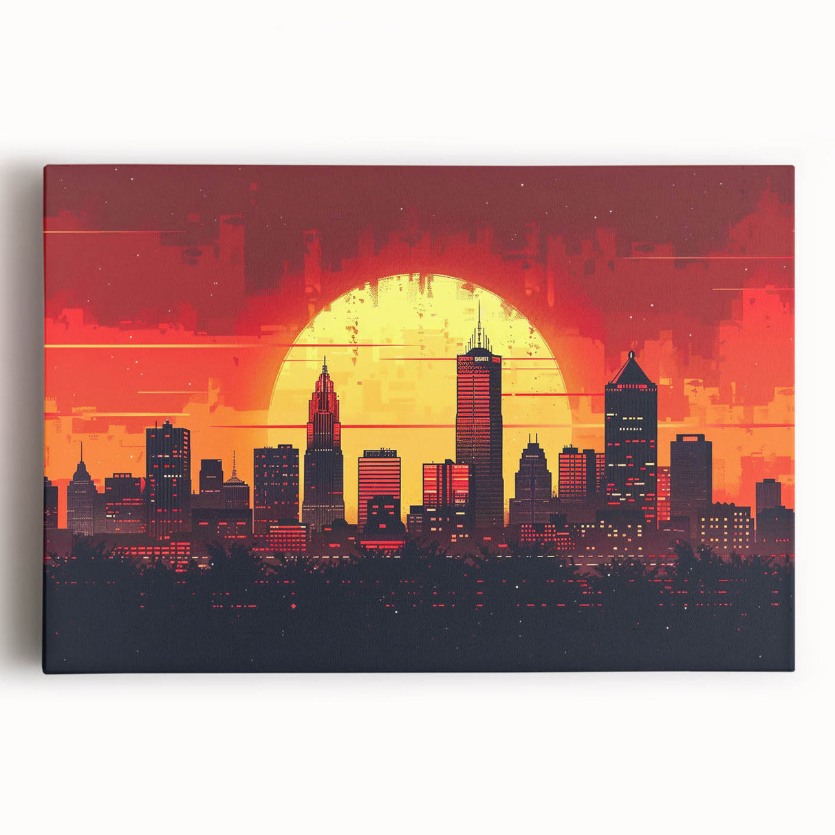 Black and white photo of Indianapolis skyline on large stretched canvas, suitable for kitchen wall art.