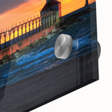 Large abstract wall art depicting a stylized Indiana landscape in mid-century modernist style, rendered on acrylic glass.