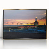 Large art print of an Indiana landscape in mid-century modernist style, framed in acrylic with gold tones.