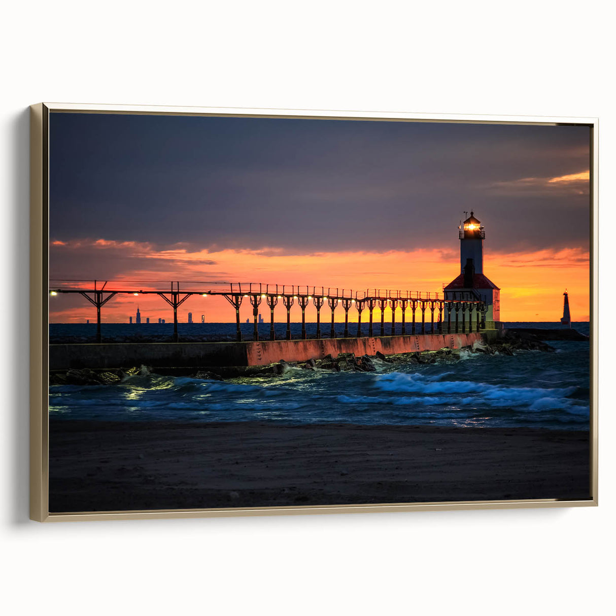 Framed canvas featuring a vintage-style landscape painting of Indiana, USA, with muted gold and black tones.
