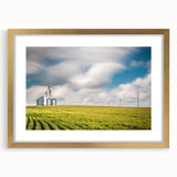 Extra large abstract art print of a textured Kentucky landscape, in muted earth tones, framed in gold.