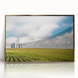 Mid-century modernist acrylic print of Kentucky scenery in gold frame, ideal for nursery wall decor.