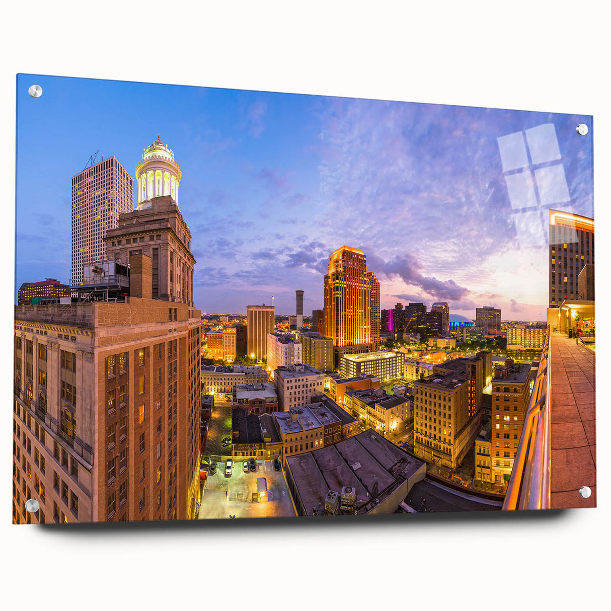 Acrylic print of a large abstract depiction of New Orleans in muted blues and greens, ideal for dining room decor.