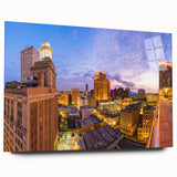 Abstract depiction of New Orleans in muted blues and greens on acrylic glass, ideal for bedroom or dining room art.