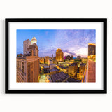 Extra large abstract art print of a colorful, textured New Orleans scene on a framed canvas, suitable for living room decor.