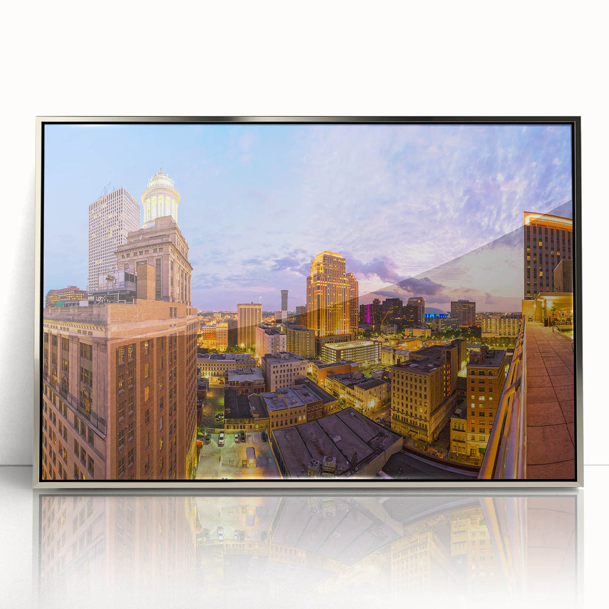 Mid-century modernist art depicting a New Orleans street scene in muted tones on a silver-framed acrylic print.