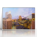 Art Deco poster of New Orleans skyline in muted gold and black tones, acrylic framed, suitable for modern art wall decor.
