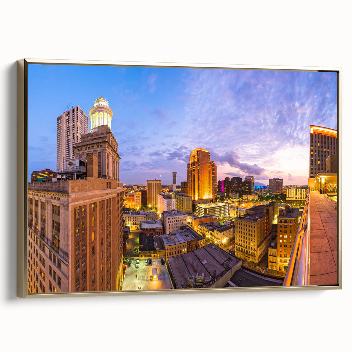 Framed canvas of a vintage-style New Orleans landscape in black and gold tones, ideal for bedroom wall art.