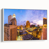 Vintage poster art of New Orleans in colorful hues on a large framed canvas, ideal for living room decor.