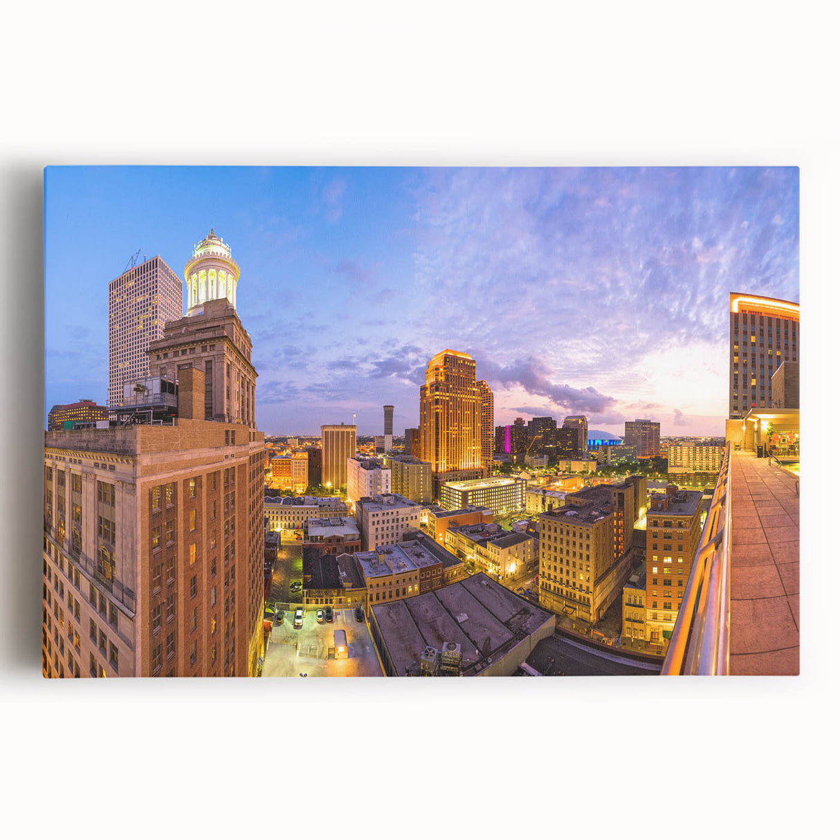 Black and white stretched canvas of New Orleans street scene, ideal for kitchen wall art.