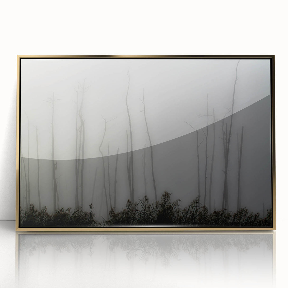Mid-century modernist Louisiana scenery in gold tones on a framed acrylic, ideal for modern art wall decor.