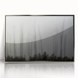 Mid-century modernist art depicting a Louisiana landscape in muted earth tones on a silver-framed acrylic print.