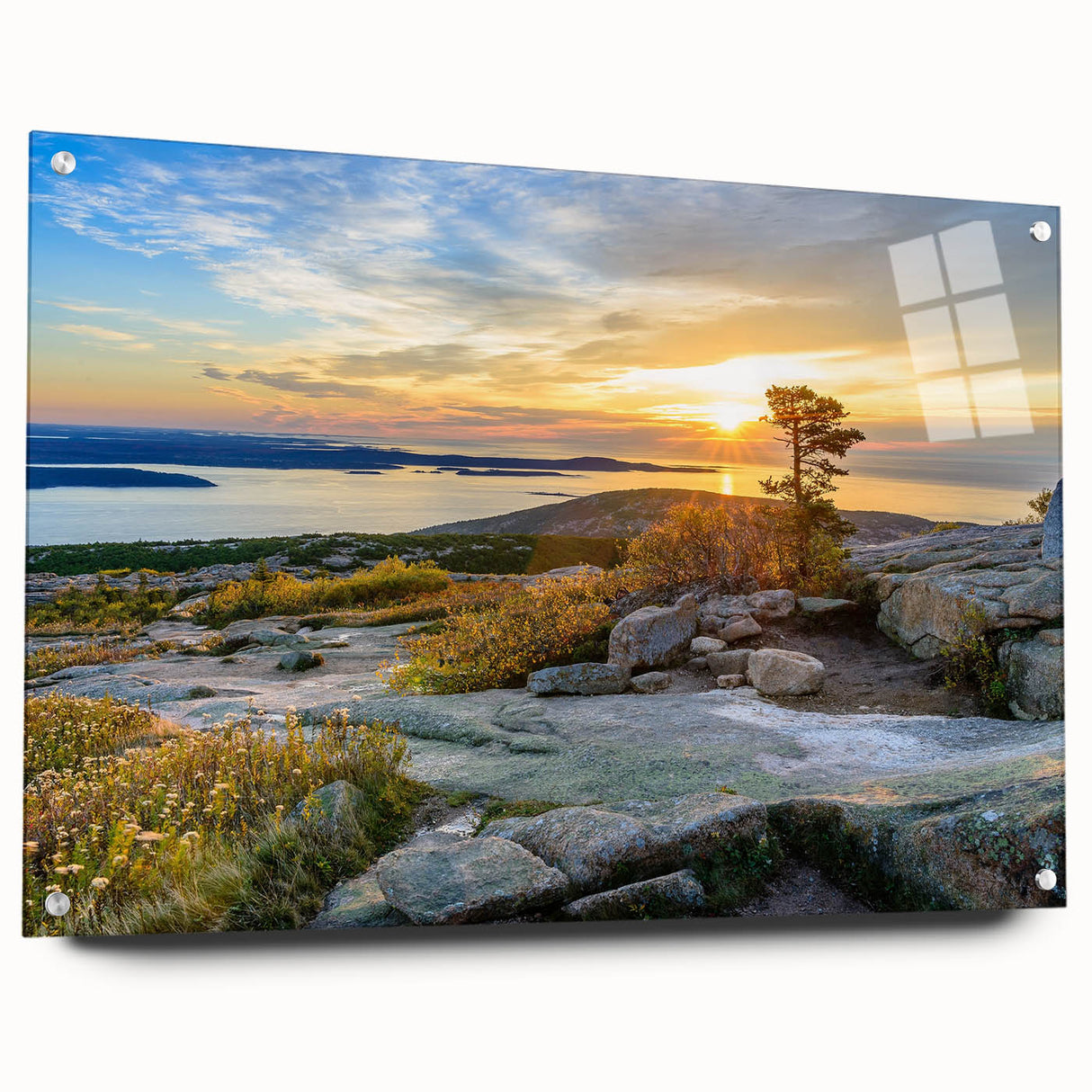Abstract art print of Acadia with vibrant colors on acrylic glass, ideal for extra large wall art in living rooms.