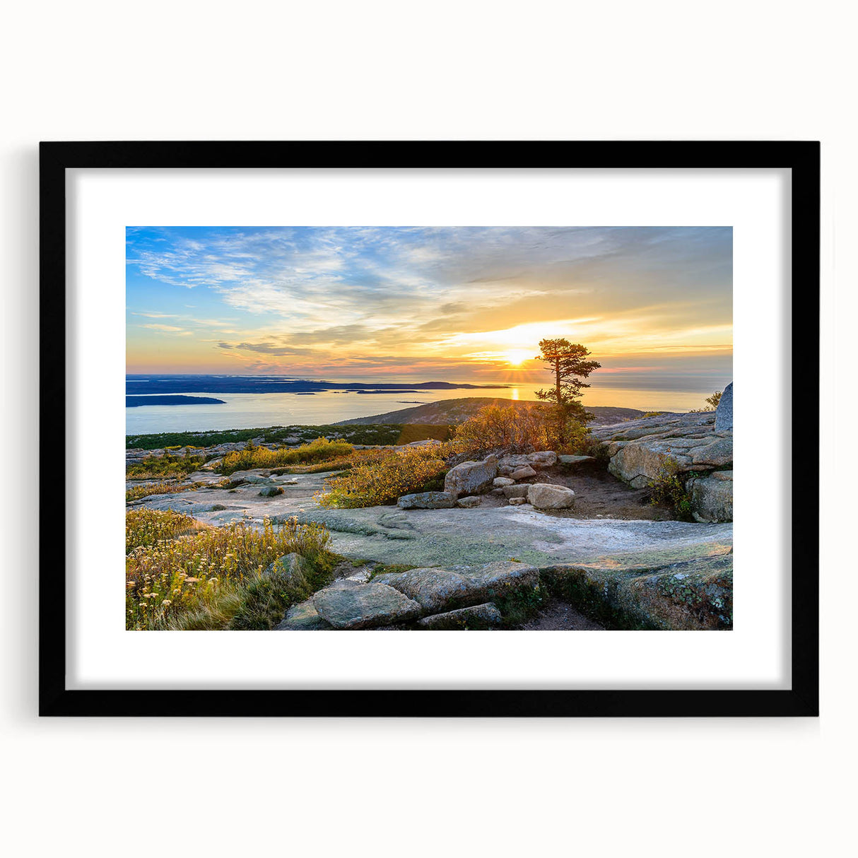 Extra large framed wall art depicting abstract Acadia scenery in textured blue and gray tones, ideal for living room decor.