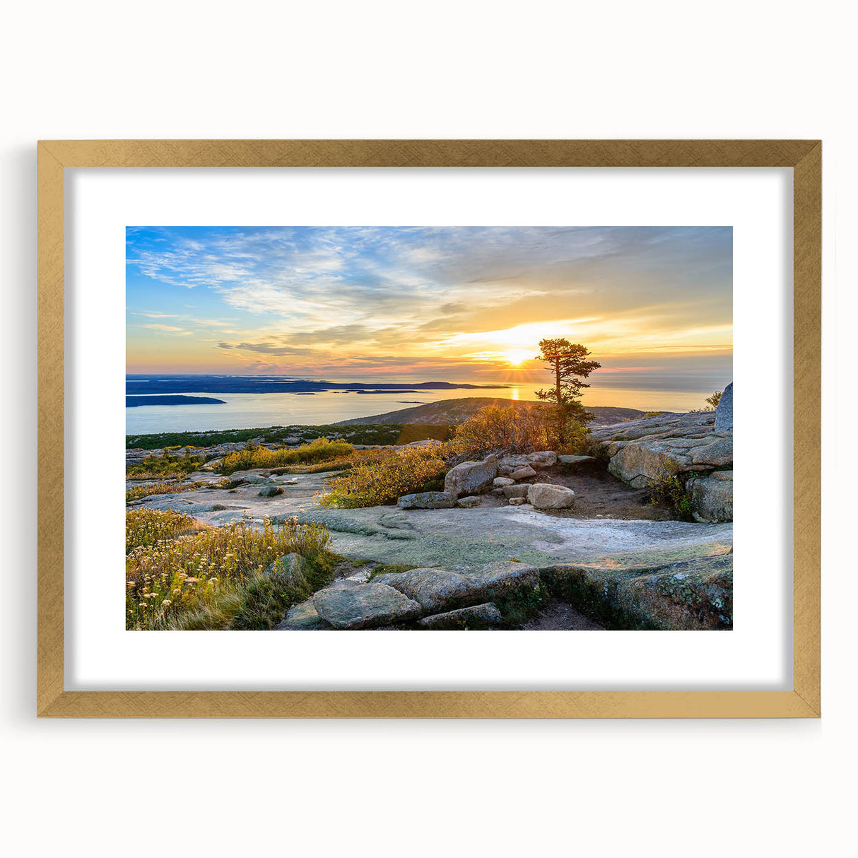Acadia National Park landscape with a gold-framed mat, featuring serene blue and green tones, ideal for dining room decor.