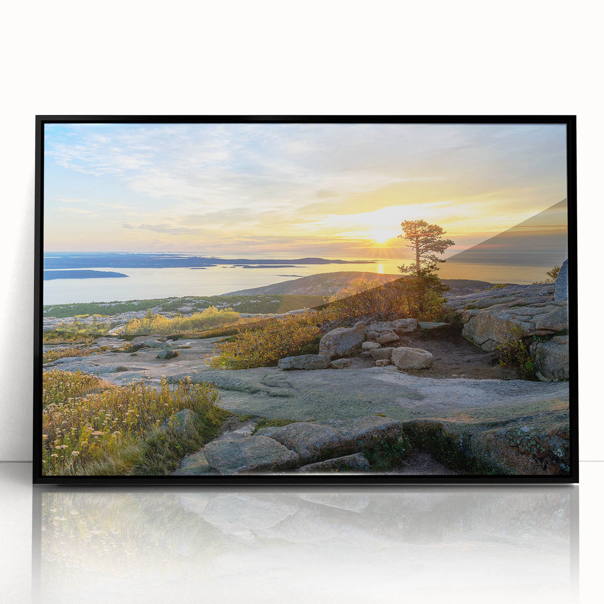 Large abstract wall art depicting Acadia, Maine, in muted earth tones on a black-framed acrylic print.