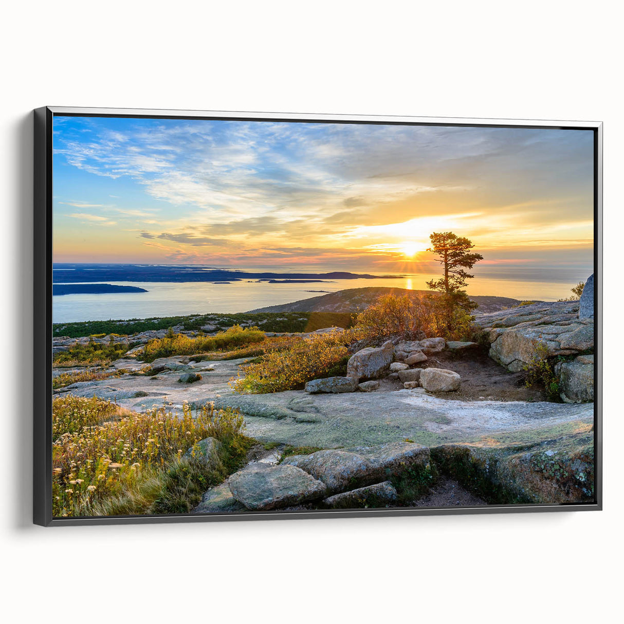Black and white landscape art painting of Acadia, Maine on framed canvas, suitable for bedroom wall decor.