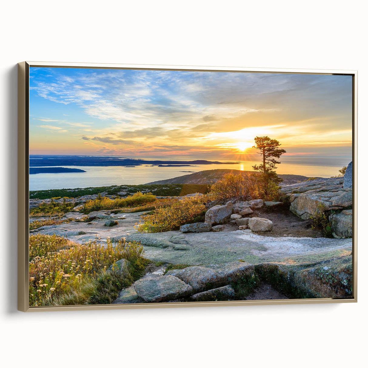 Framed canvas wall art depicting Acadia National Park in muted earth tones, suitable for bedroom decor.