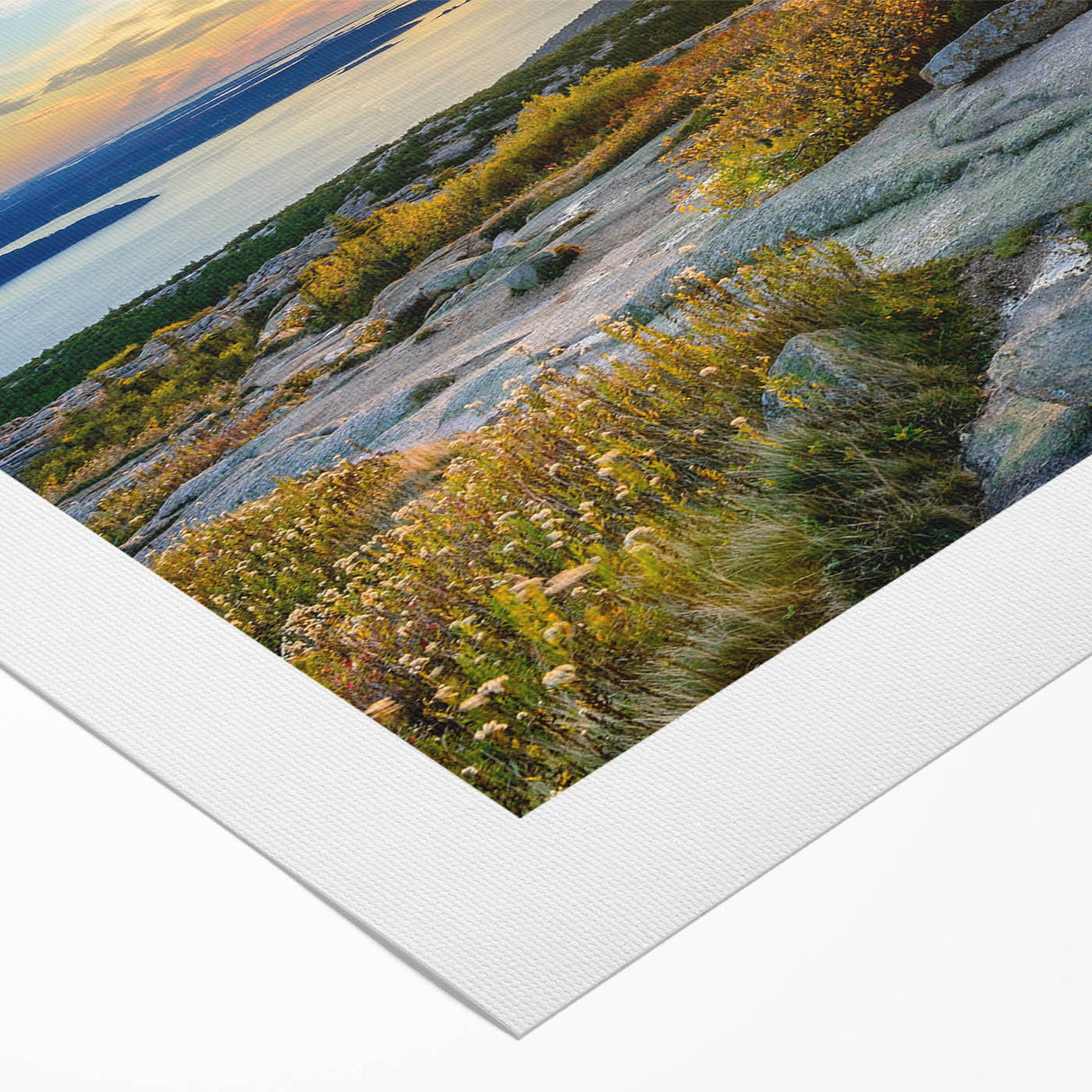 Art deco poster of Acadia National Park with vibrant green and blue tones on rolled canvas, ideal for dining room wall art.