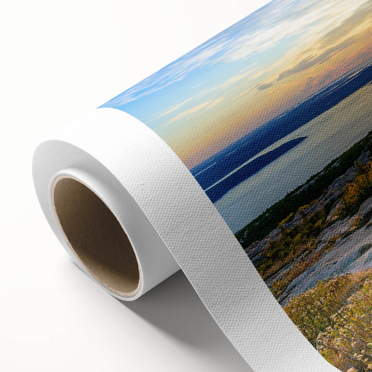 Art Deco-style poster of Acadia, USA, in muted earth tones on rolled canvas.