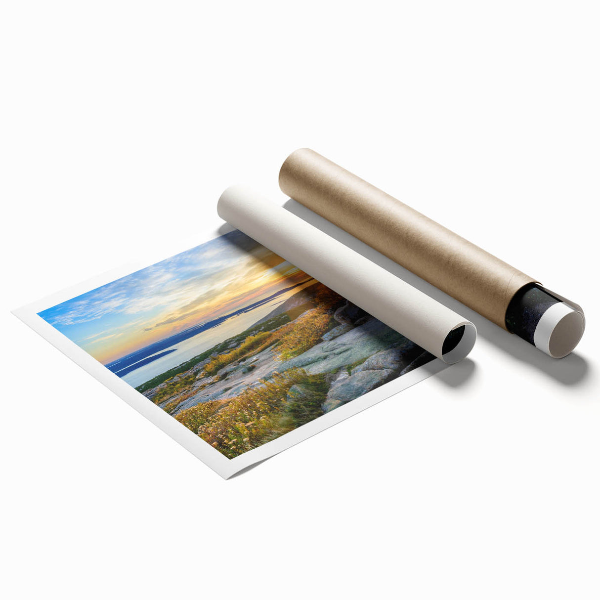 Rolled print of Acadia National Park with muted green and blue tones, ideal for classy bathroom wall art.