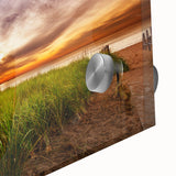 Mid-century modernist acrylic glass print of an abstract Maine scenery in blue and green tones, ideal for dining room art.