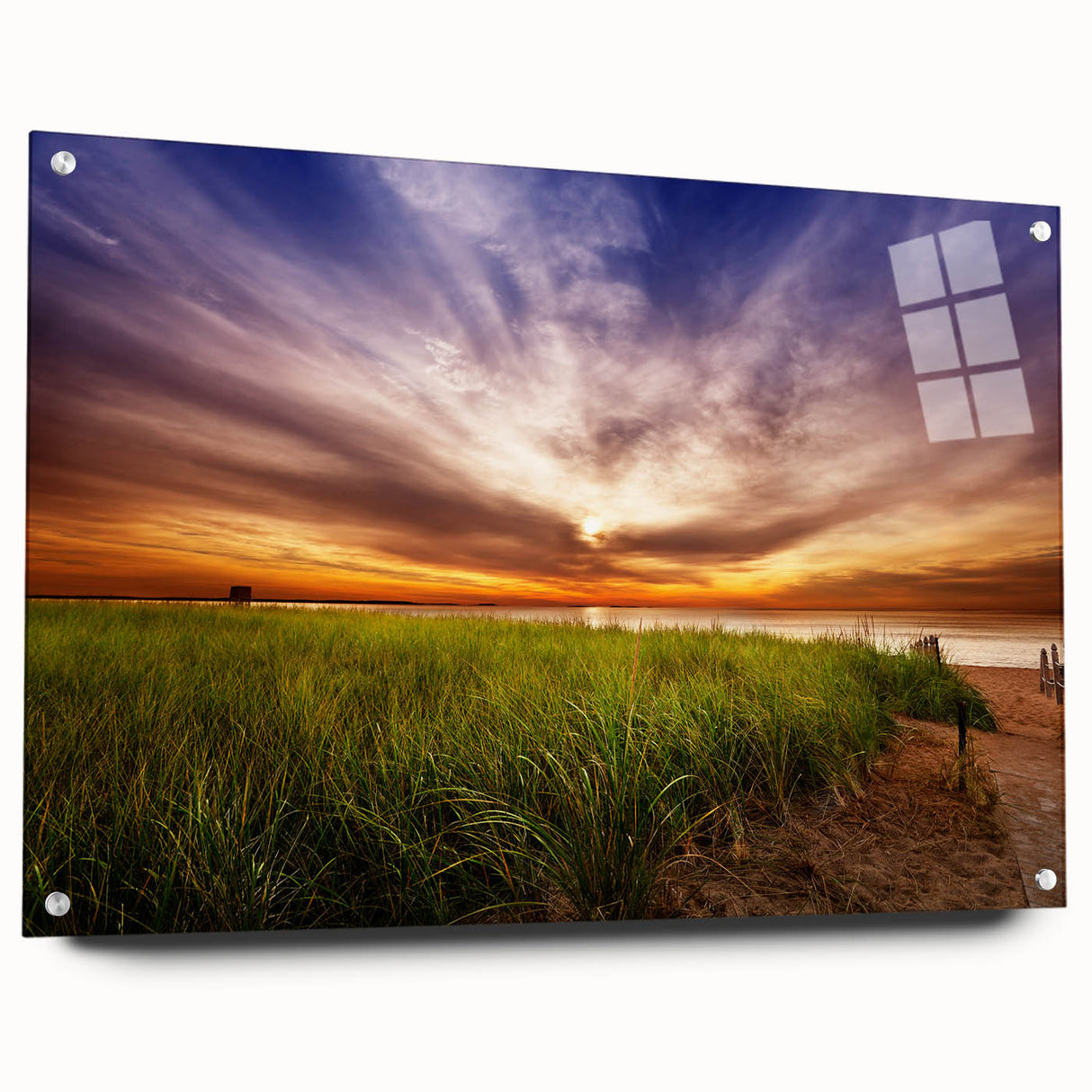 Acrylic print of a Maine landscape, featuring lush greenery and a serene lake, in cool blue and green tones.