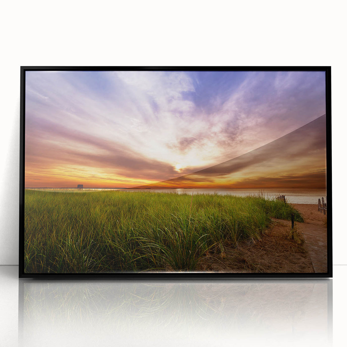 Large abstract wall art depicting a serene Maine landscape in muted earth tones, framed in black acrylic.