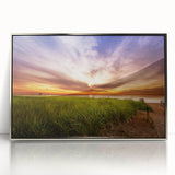 Framed acrylic print of a serene Maine landscape in muted blue and green.