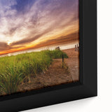 Extra large framed canvas featuring a textured depiction of Maine scenery in black with colorful art accents.