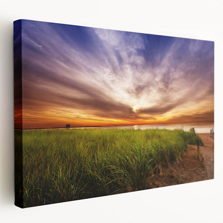 Scenic Maine coastline depicted in muted blue and green hues on a large stretched canvas, ideal for kitchen wall art.