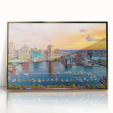 Mid-century modernist art of Annapolis skyline in gold and blue tones on framed acrylic, suitable for modern art wall decor.