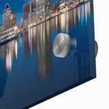 Large abstract wall art of Baltimore skyline in muted gray and blue tones on acrylic glass, perfect for dining room ambiance.