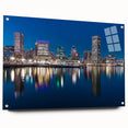 Acrylic print of Baltimore skyline in muted blue and gray tones, suitable for bedroom or dining room decor.