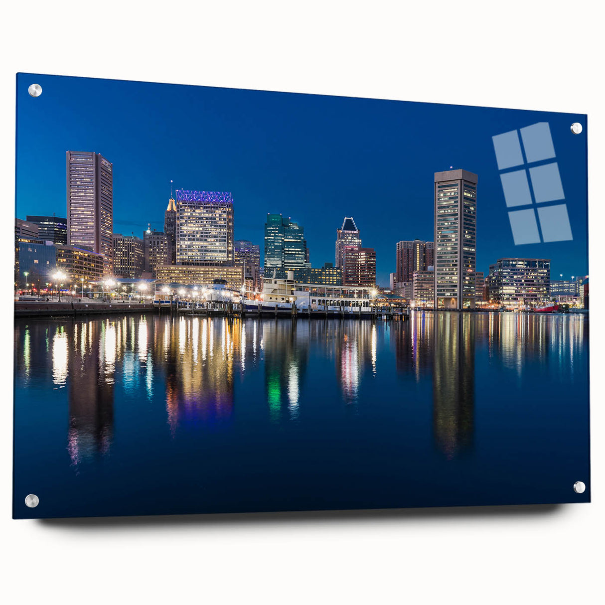 Acrylic print of Baltimore skyline in muted blue and gray tones, suitable for bedroom or dining room decor.