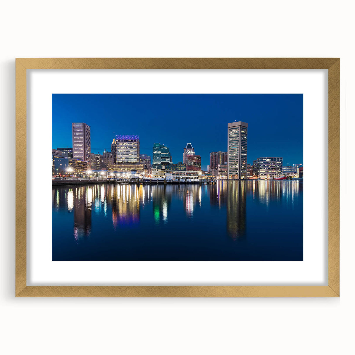Extra large abstract art print of Baltimore skyline in gold frame, featuring textured details in muted colors.