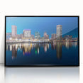 Framed acrylic print of a large abstract depiction of the Baltimore skyline in black and white tones.