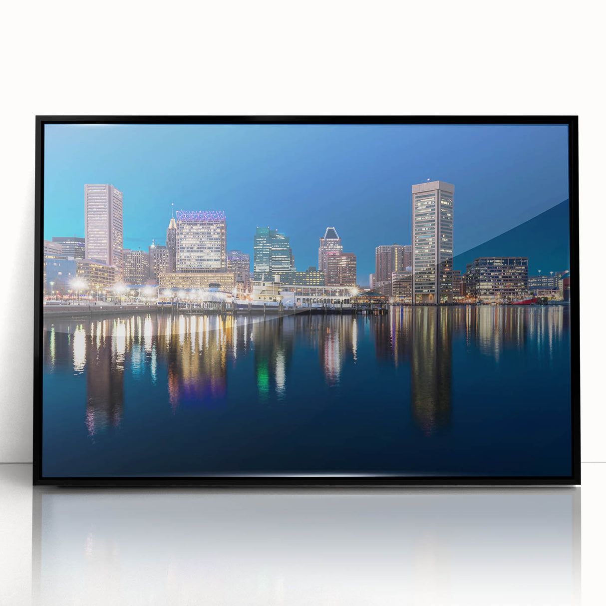 Framed acrylic print of a large abstract depiction of the Baltimore skyline in black and white tones.