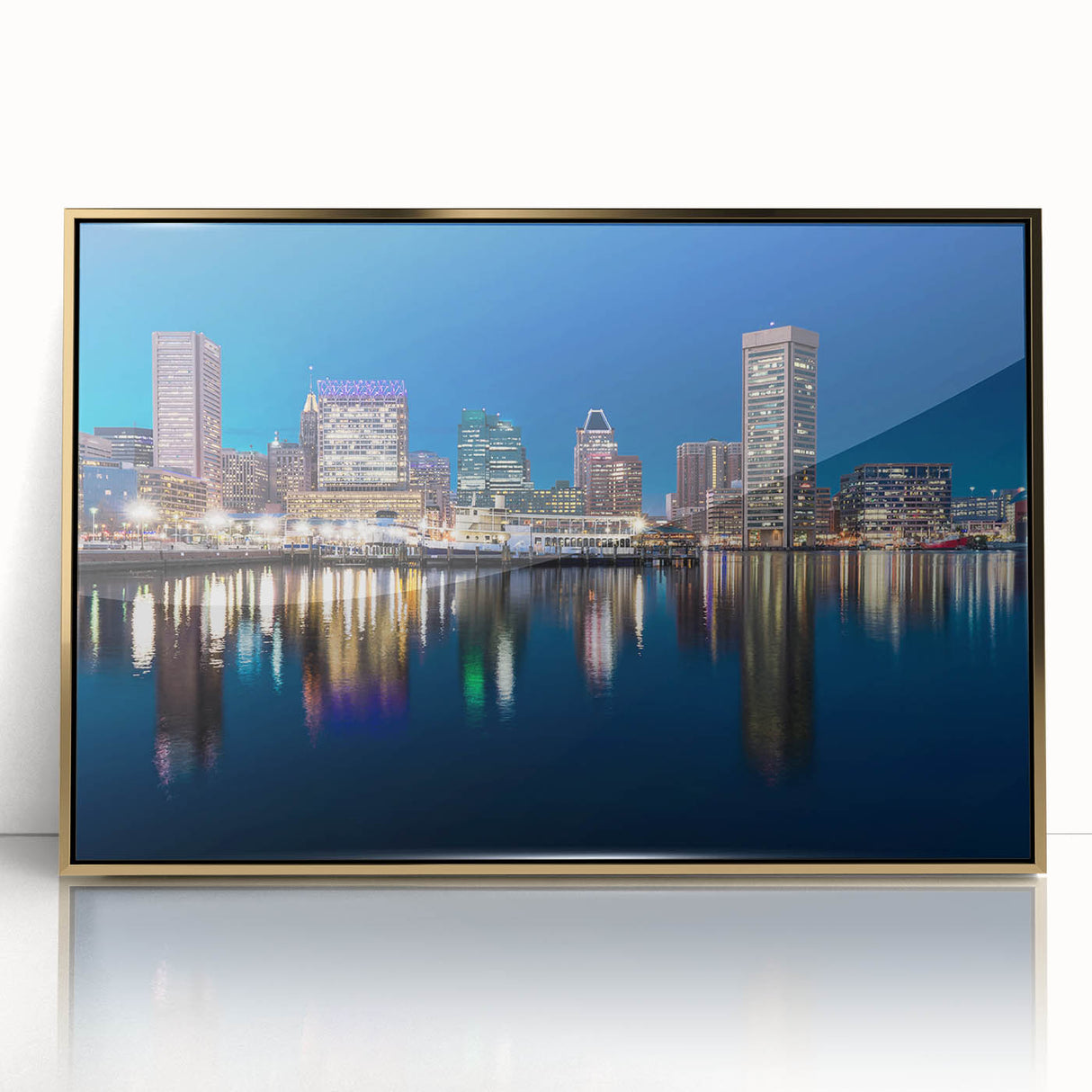 Framed acrylic print of Baltimore skyline in gold and blue tones, ideal for modern art wall decor.