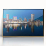 Framed acrylic print of Baltimore skyline in gold and blue tones, ideal for modern art wall decor.