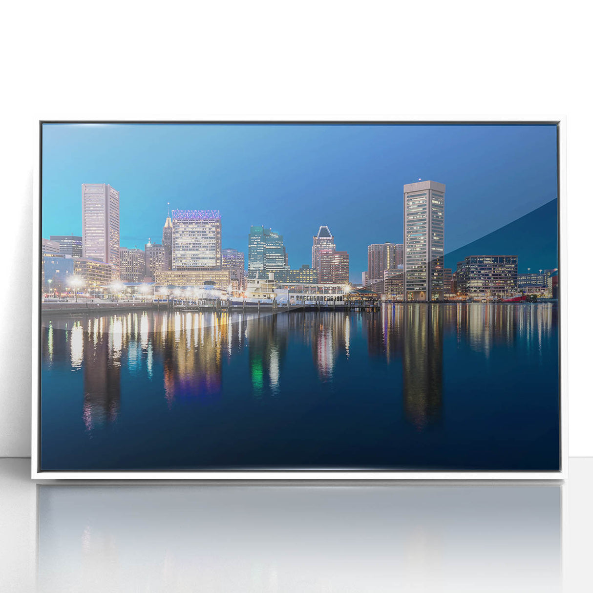 Acrylic print of Baltimore skyline in art deco style with pastel shades, ideal for modern nursery wall art.