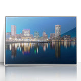 Acrylic print of Baltimore skyline in art deco style with pastel shades, ideal for modern nursery wall art.