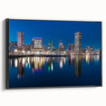 Black and white framed canvas of Baltimore skyline, featuring vintage poster art style, ideal for bedroom wall decor.