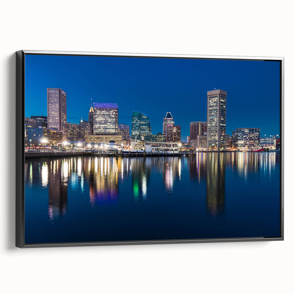 Black and white framed canvas of Baltimore skyline, featuring vintage poster art style, ideal for bedroom wall decor.