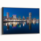 Black and white framed canvas of Baltimore skyline, featuring vintage poster art style, ideal for bedroom wall decor.