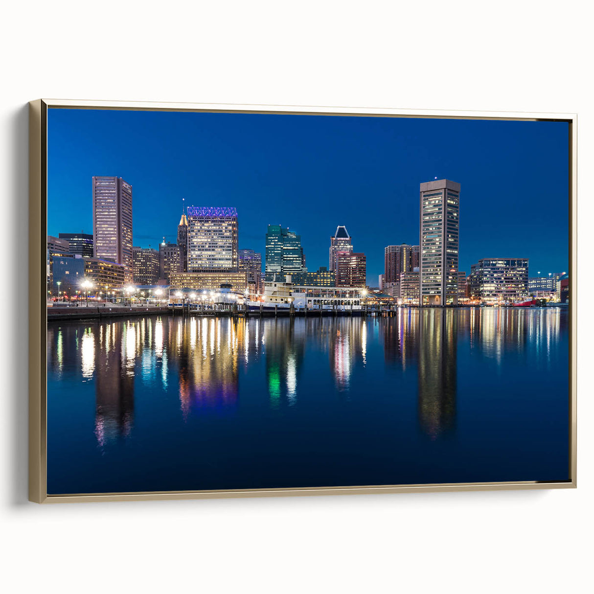 Framed canvas depicting a vintage-style Baltimore landscape in muted gold and black tones, suitable for bedroom wall art.