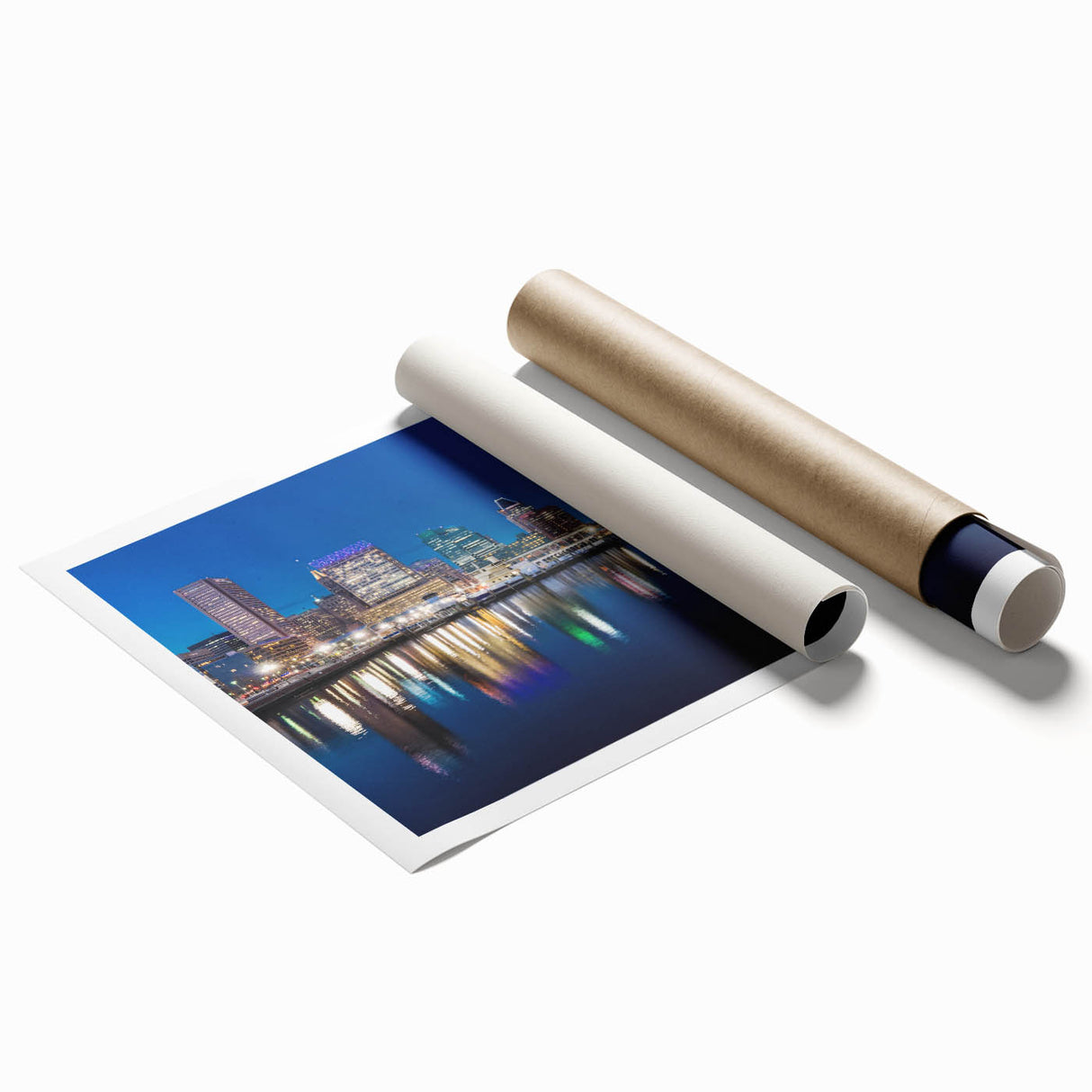 Extra large rolled print of Baltimore skyline, featuring soft pastel shades, ideal for classy bathroom wall art.