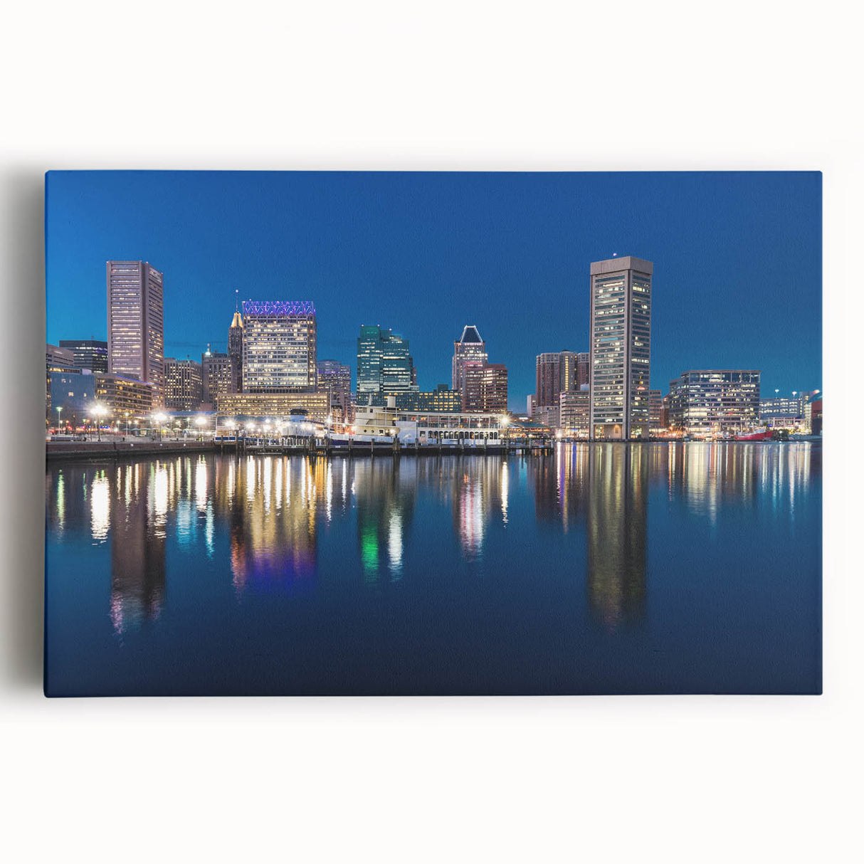 Black and white photo of Baltimore skyline on large stretched canvas, ideal for kitchen wall art.
