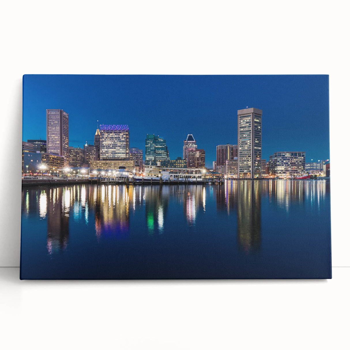 Black and white photo of the Baltimore skyline on stretched canvas, ideal for kitchen wall art.